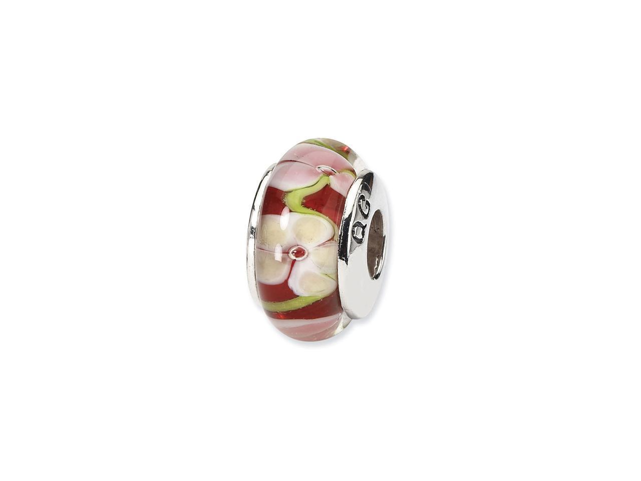 925 Silver Hand Blown Glass Red Green Pink Floral Bead