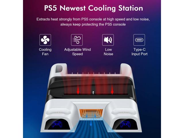 Ps5 Cooling Station With Controller Charger, Ps5 Horizontal Stand For Standard And Digital Playstation 5 Console, Ps5 Accessories Cooler Stand With Headset Holder, Game Slot, Ac Adapter