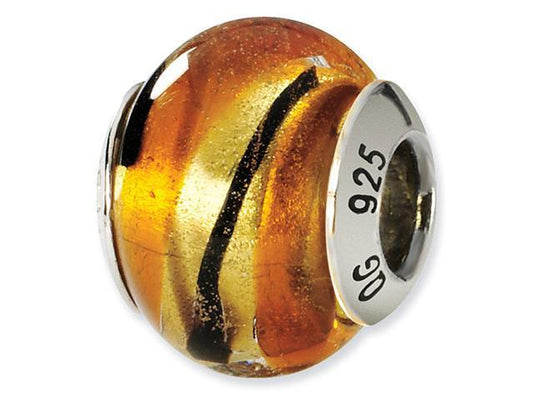 925 Silver Black Yellow Gold Stripe Murano Glass Bead
