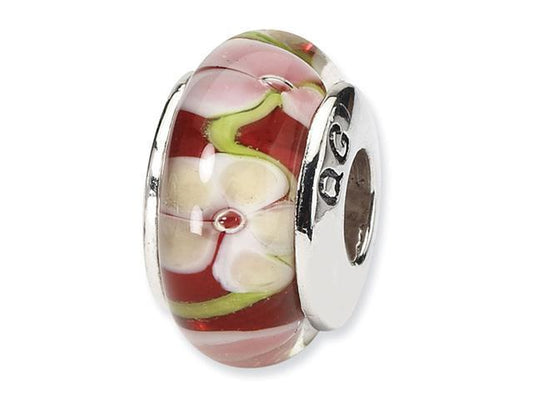 925 Silver Hand Blown Glass Red Green Pink Floral Bead