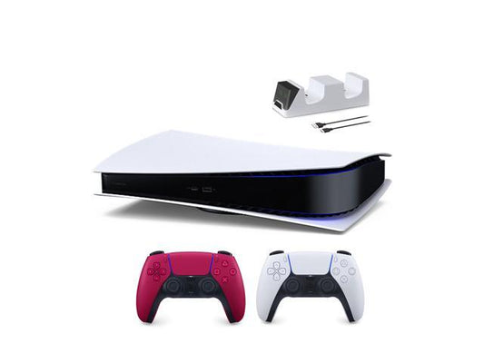 PlayStation 5 Digital Edition with Two Controllers White and Cosmic Red DualSense and Mytrix Dual Controller Charger