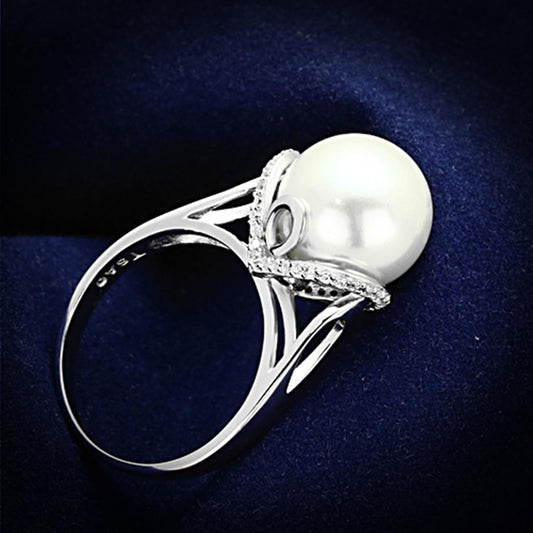 Women's Rhodium 925 Sterling Silver Ring with Synthetic Pearl in White
